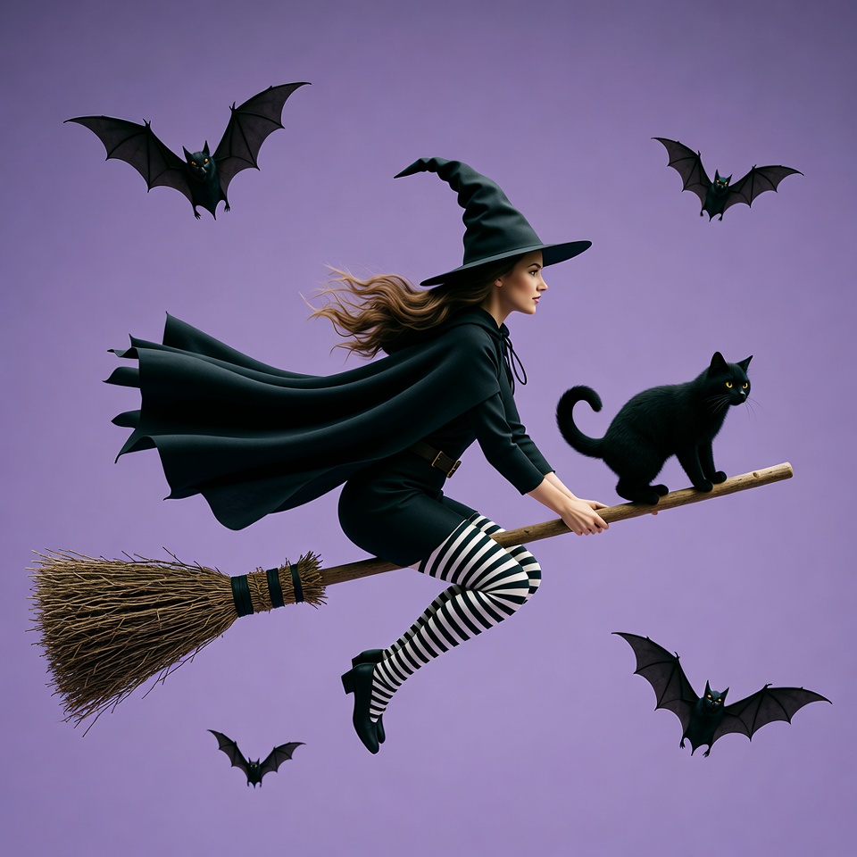 Woman Witch Flying on Broomstick with Cat Woman Witch Flying on Broomstick with Cat