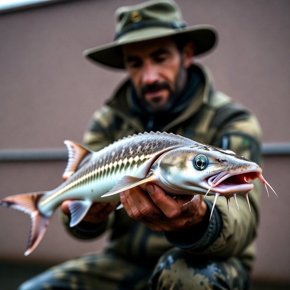 Man holding sterlet fish Man holding sterlet fish
