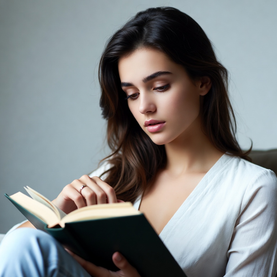 Woman reading book on sofa Woman reading book on sofa
