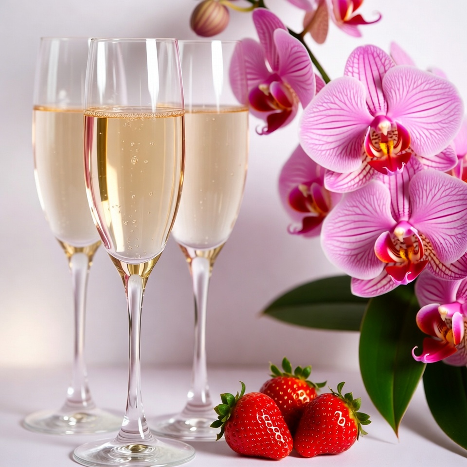 Champagne Glasses with Orchids and Strawberries Champagne Glasses with Orchids and Strawberries