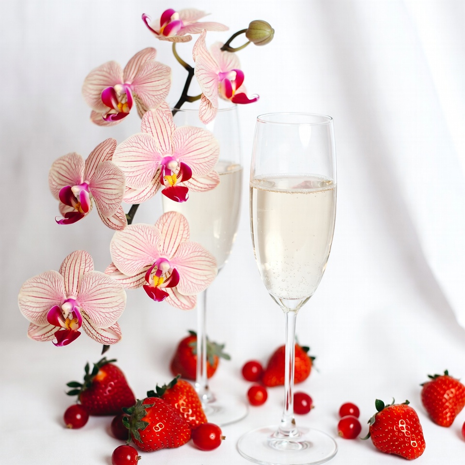 Pink Orchids with Champagne Glasses and Strawberries Pink Orchids with Champagne Glasses and Strawberries
