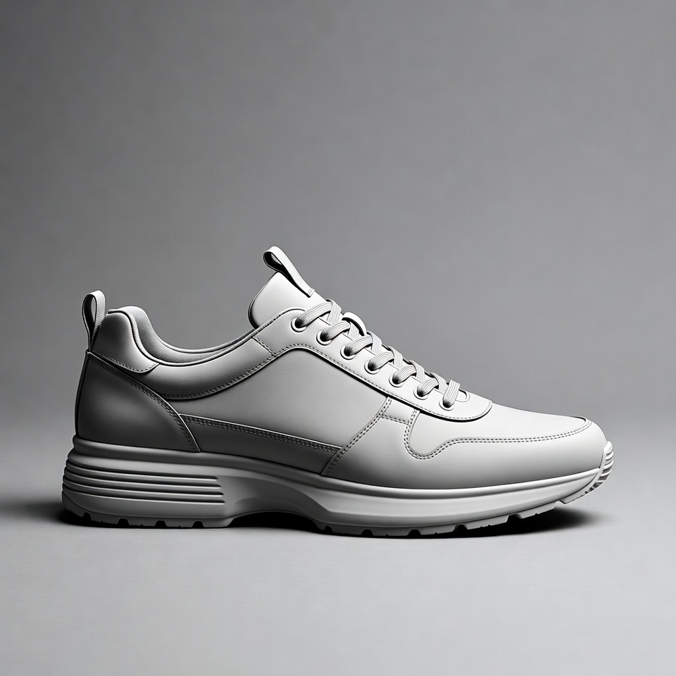 White leather sneakers on gray background White leather sneakers on gray background