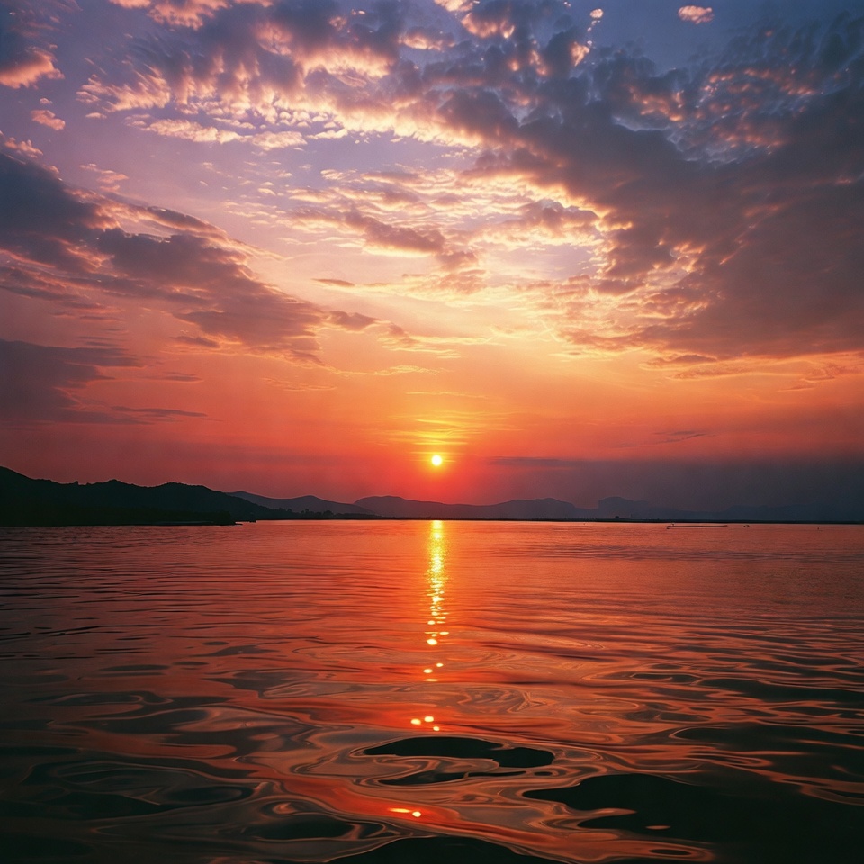 Sunset over lake with mountains Sunset over lake with mountains