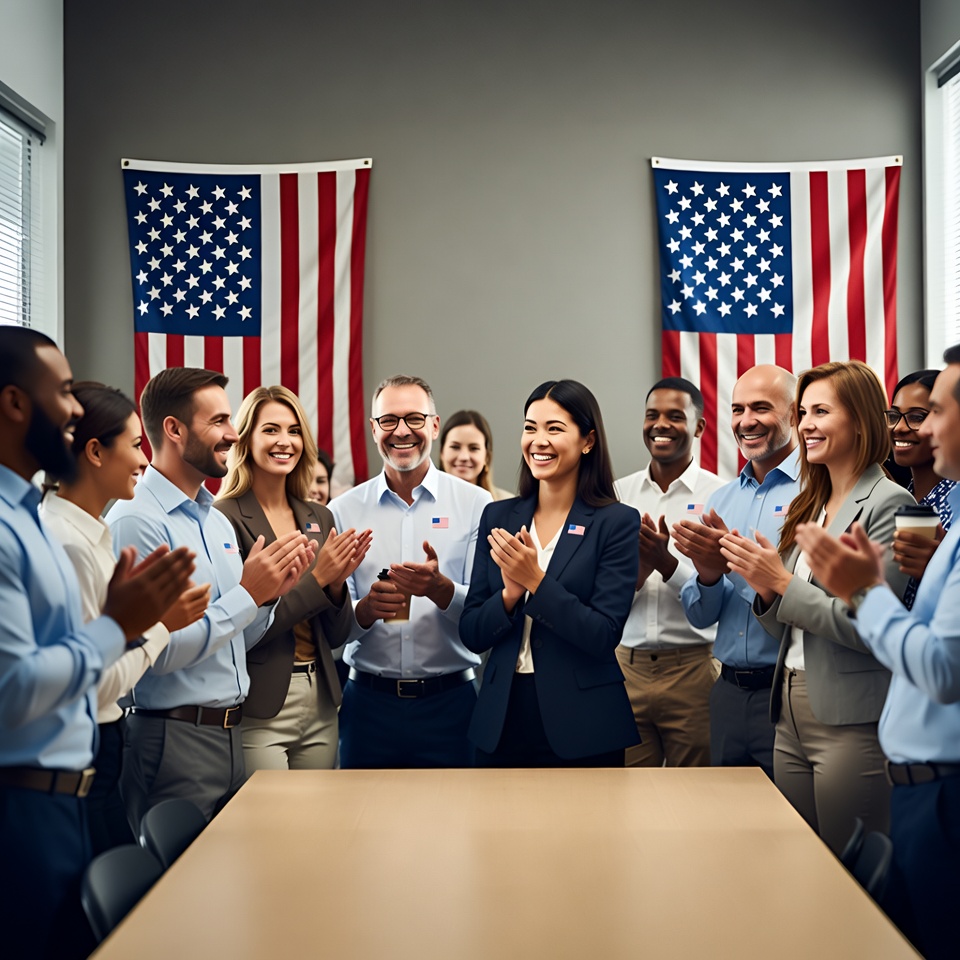 Diverse group applauding woman in office Diverse group applauding woman in office