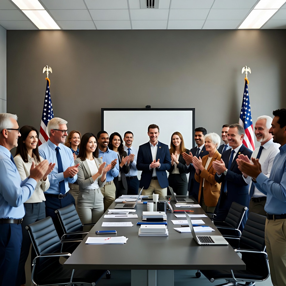 Diverse business team clapping in meeting room Diverse business team clapping in meeting room