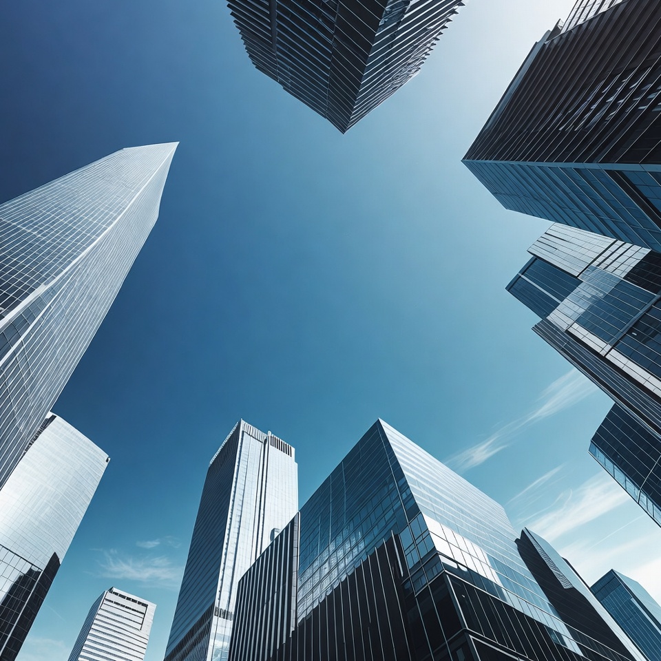 Skyscrapers from Below Against Blue Sky Skyscrapers from Below Against Blue Sky