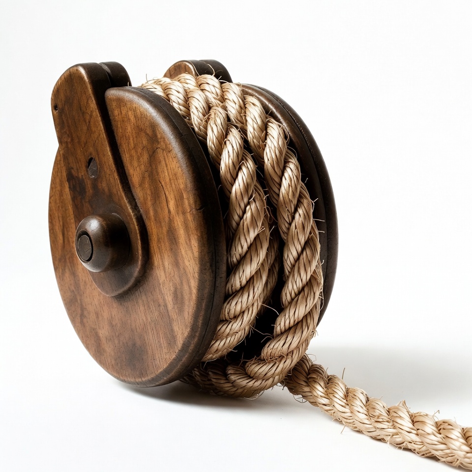 Wooden pulley with coiled rope Wooden pulley with coiled rope