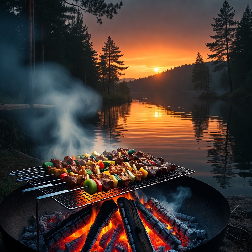Grill with meat skewers at sunset lake Grill with meat skewers at sunset lake