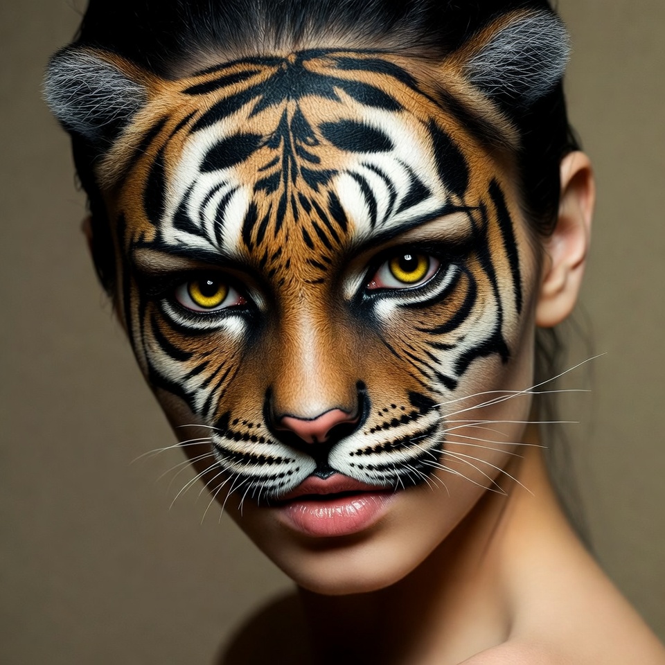Woman with tiger face paint Woman with tiger face paint