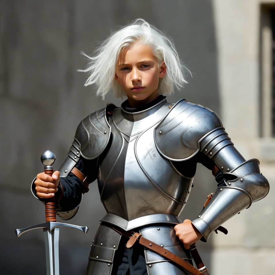 Young girl in silver knight armor Young girl in silver knight armor