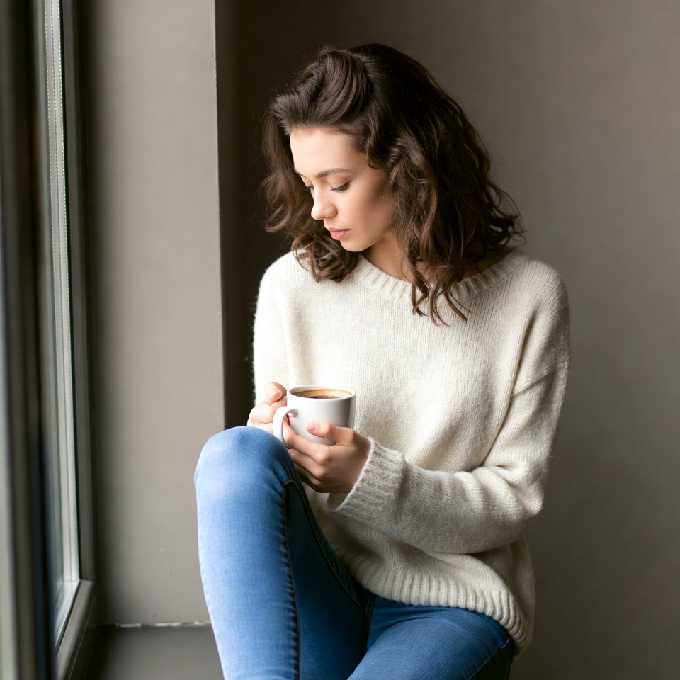 Woman holding coffee mug by window Woman holding coffee mug by window