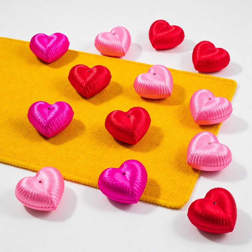 Pink and Red Satin Hearts on Yellow Fabric Pink and Red Satin Hearts on Yellow Fabric