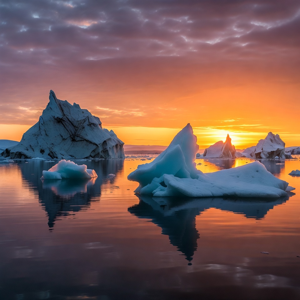 Icebergs in Arctic Sunset Reflection Icebergs in Arctic Sunset Reflection
