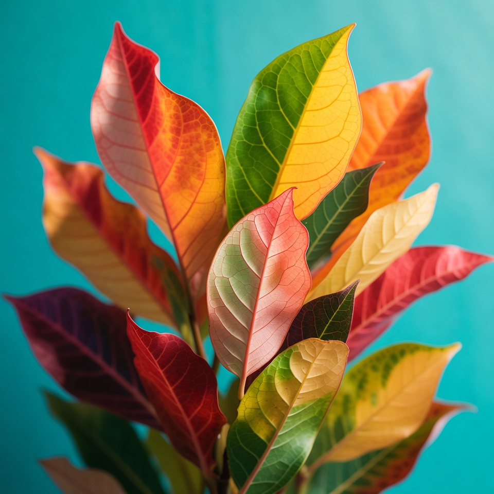 Colorful Croton Leaves on Blue Background Colorful Croton Leaves on Blue Background