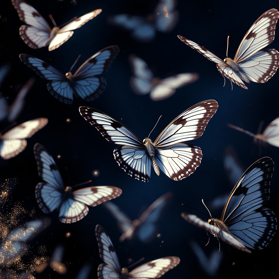 White butterflies flying on dark background White butterflies flying on dark background