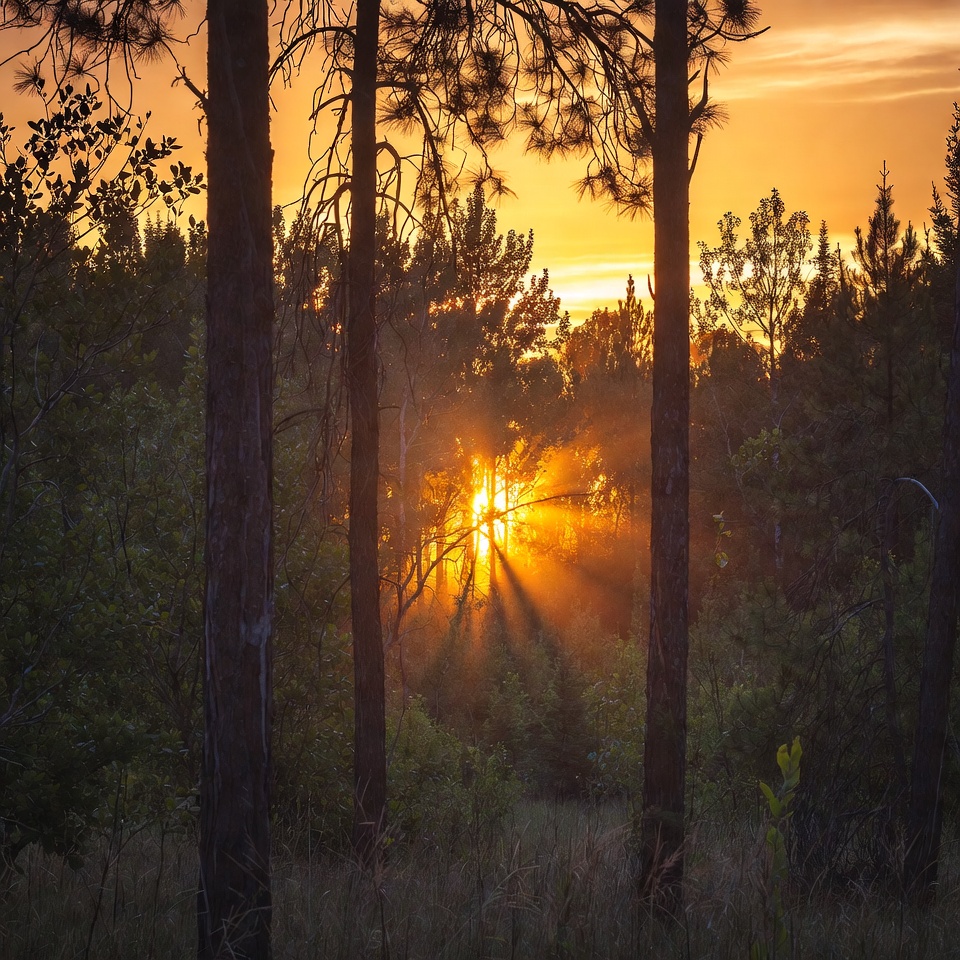 Sunset Sunbeams Through Pine Forest Sunset Sunbeams Through Pine Forest