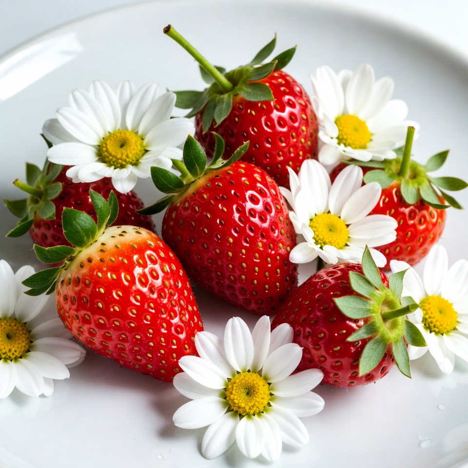 Strawberries and Daisies on White Plate Strawberries and Daisies on White Plate