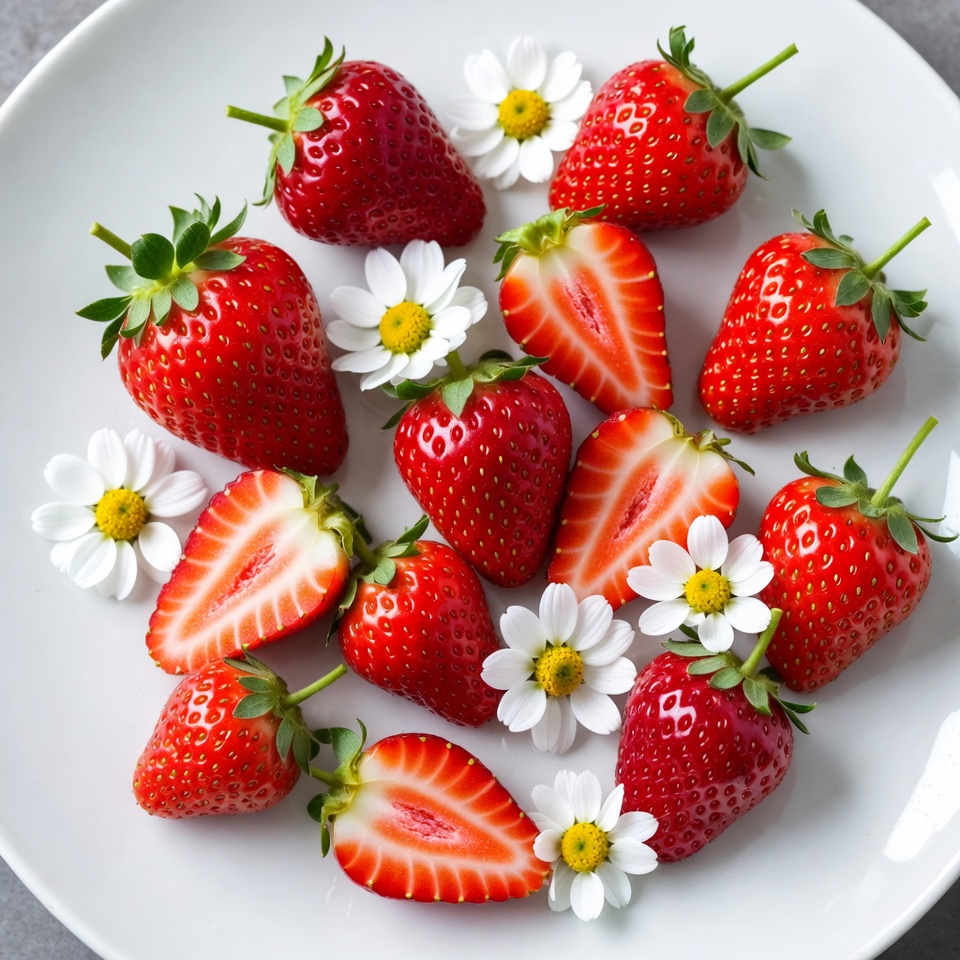 Strawberries and Daisies on White Plate Strawberries and Daisies on White Plate