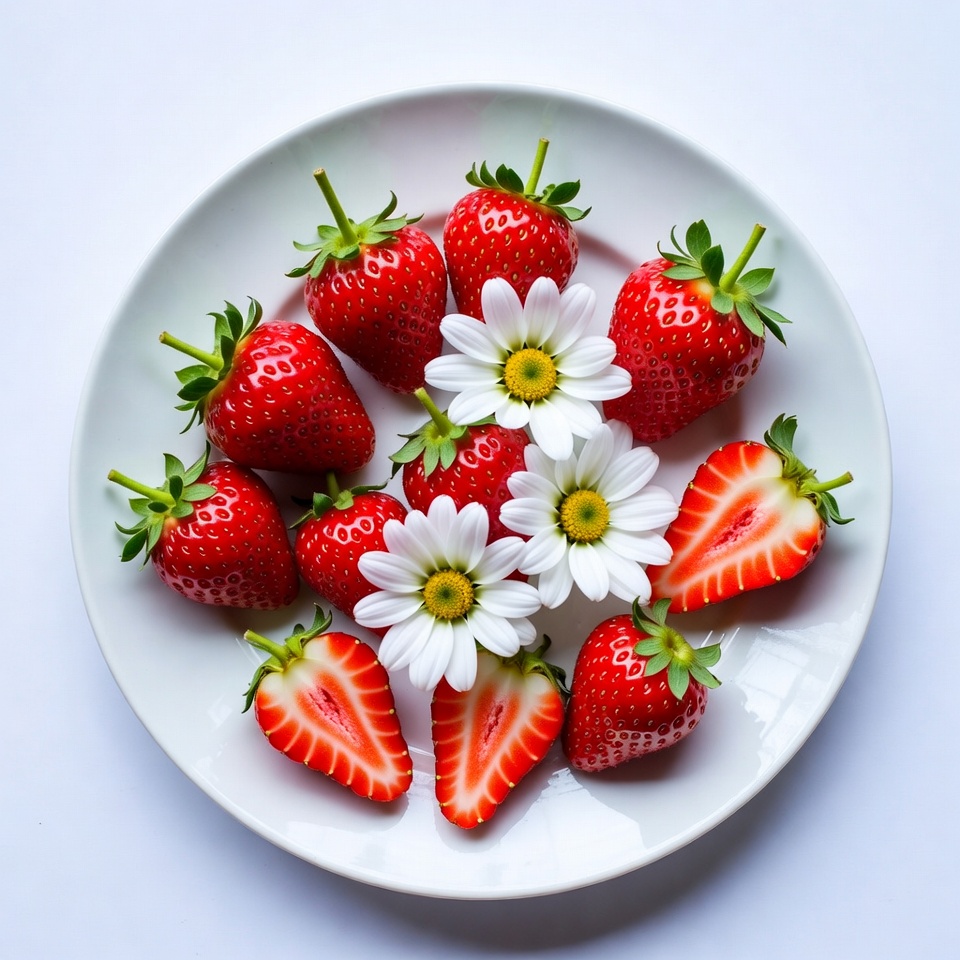 Strawberries and Daisies on White Plate Strawberries and Daisies on White Plate