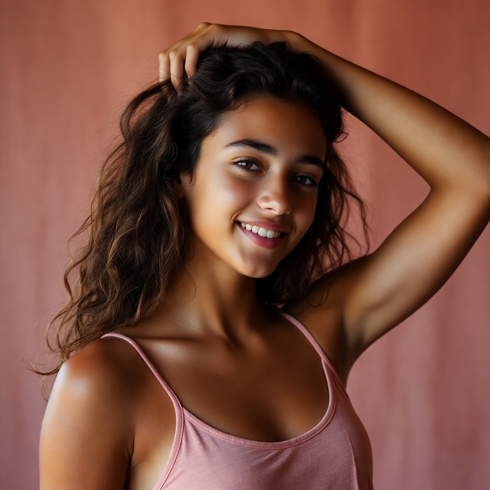 Smiling woman with hand in curly hair Smiling woman with hand in curly hair