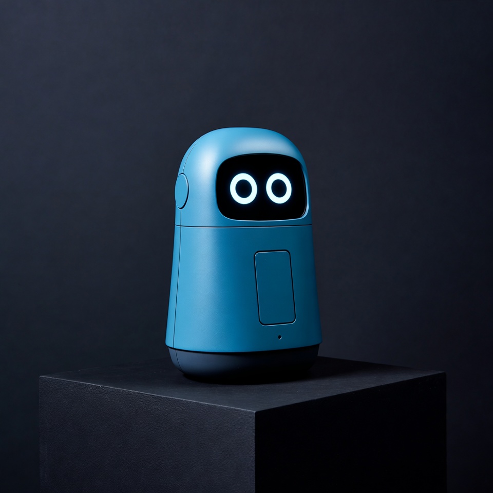 Blue glowing-eyed robot on pedestal Blue glowing-eyed robot on pedestal