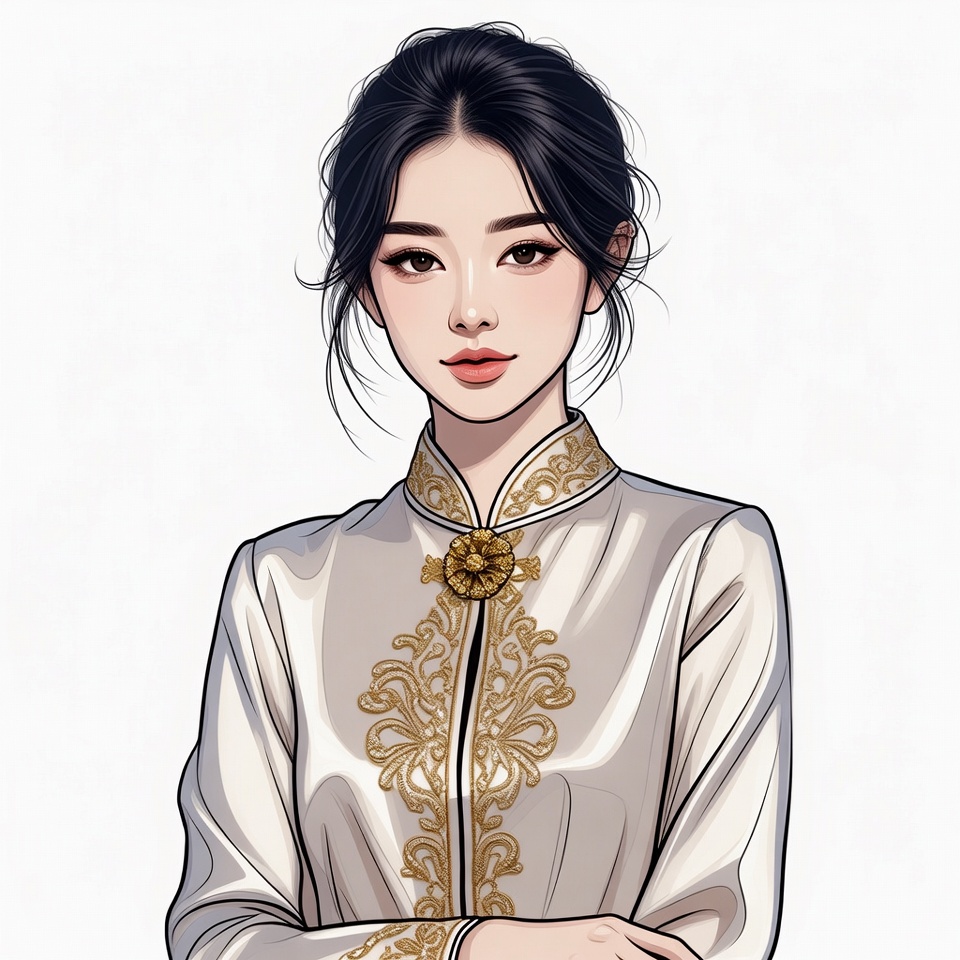 Asian woman in gold-embroidered cheongsam Asian woman in gold-embroidered cheongsam