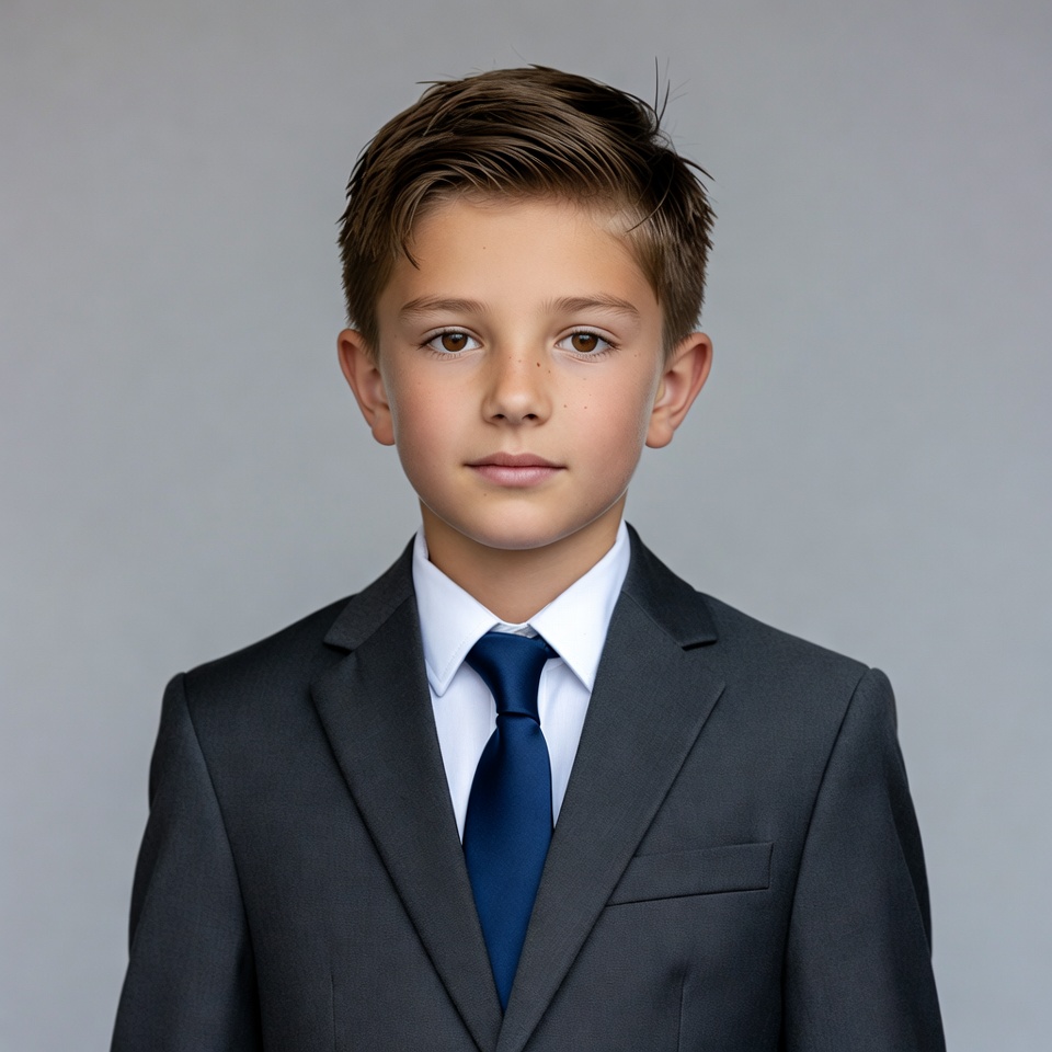 Young boy in gray suit and blue tie Young boy in gray suit and blue tie