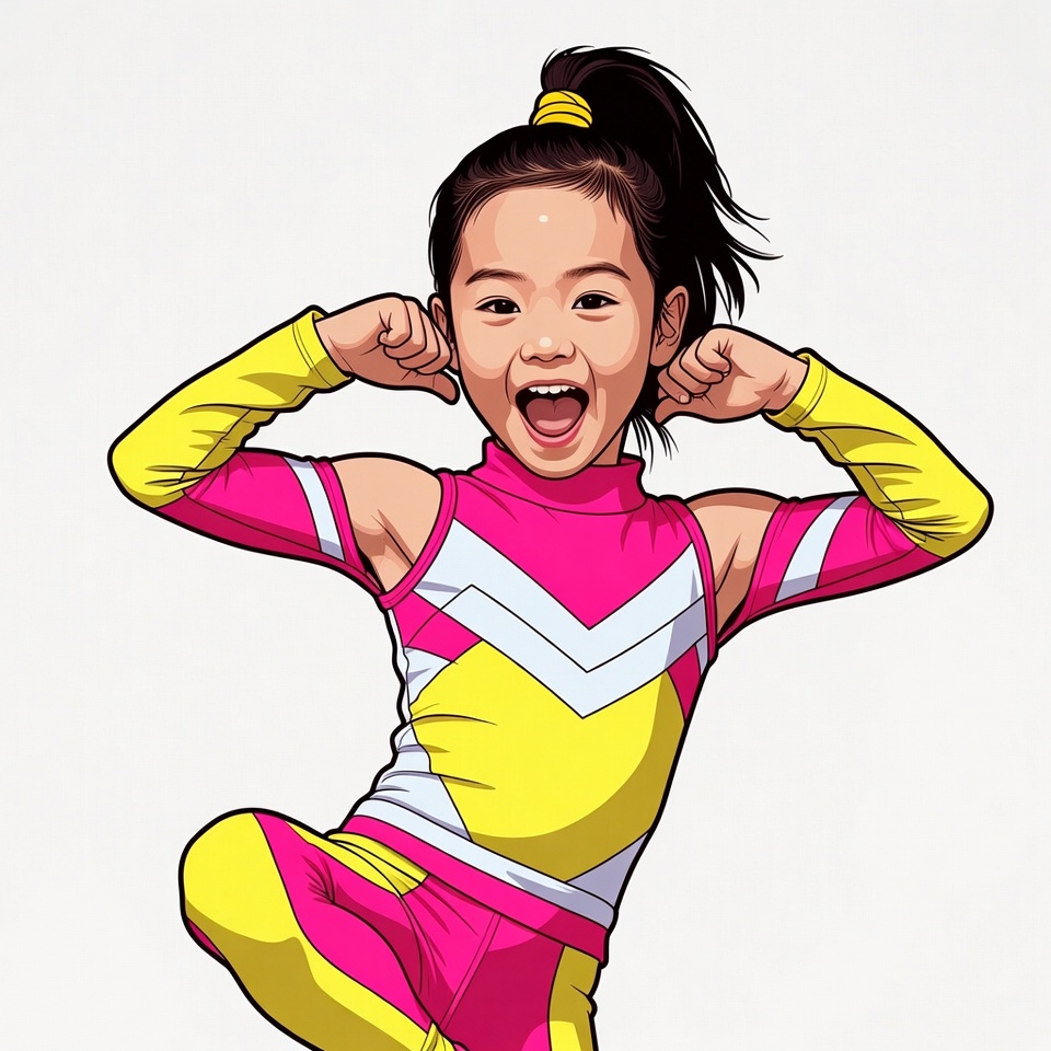 Asian girl flexing muscles in gymnast outfit Asian girl flexing muscles in gymnast outfit