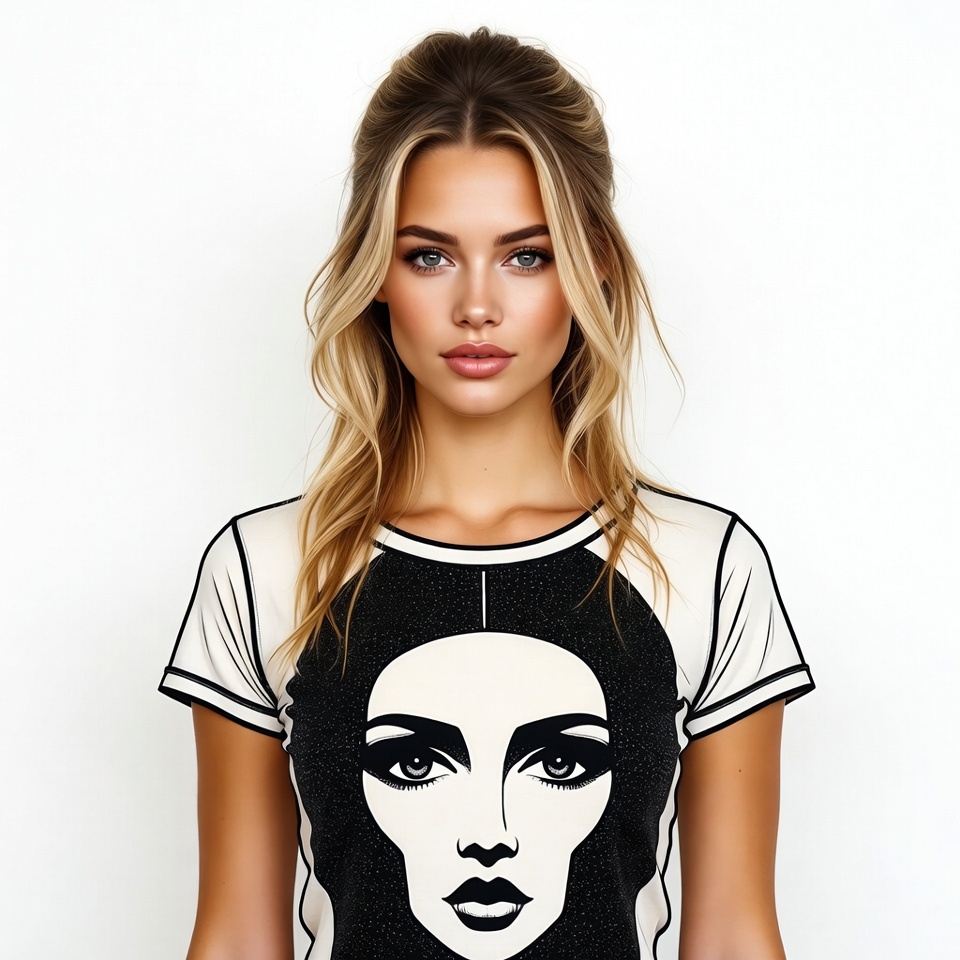 Blonde woman in face print t-shirt Blonde woman in face print t-shirt