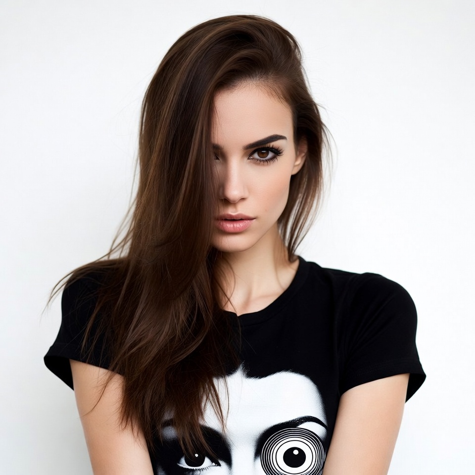 Woman in black t-shirt with face print Woman in black t-shirt with face print
