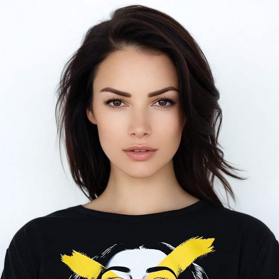 Woman in black t-shirt with yellow face print Woman in black t-shirt with yellow face print