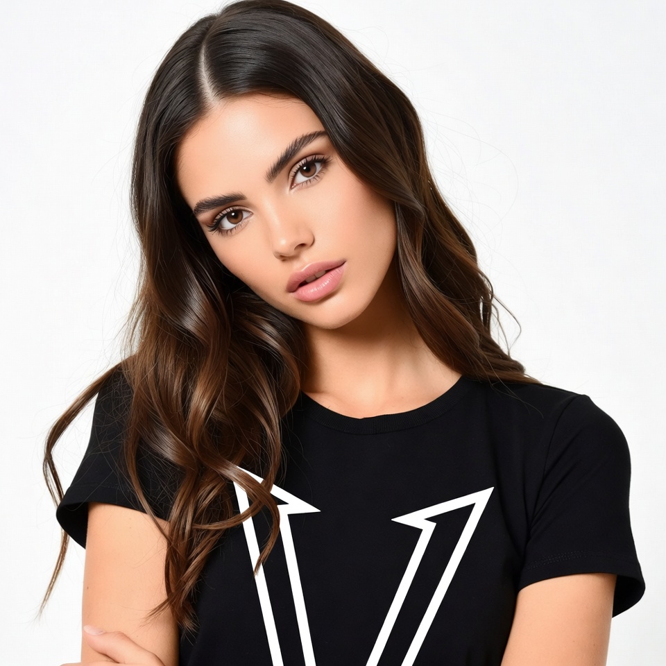 Beautiful woman in black V-neck t-shirt Beautiful woman in black V-neck t-shirt