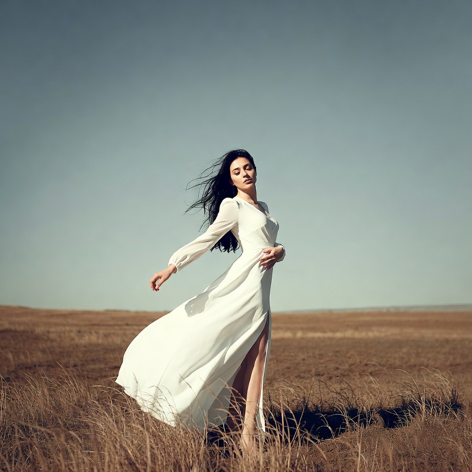 Woman in white dress in field Woman in white dress in field