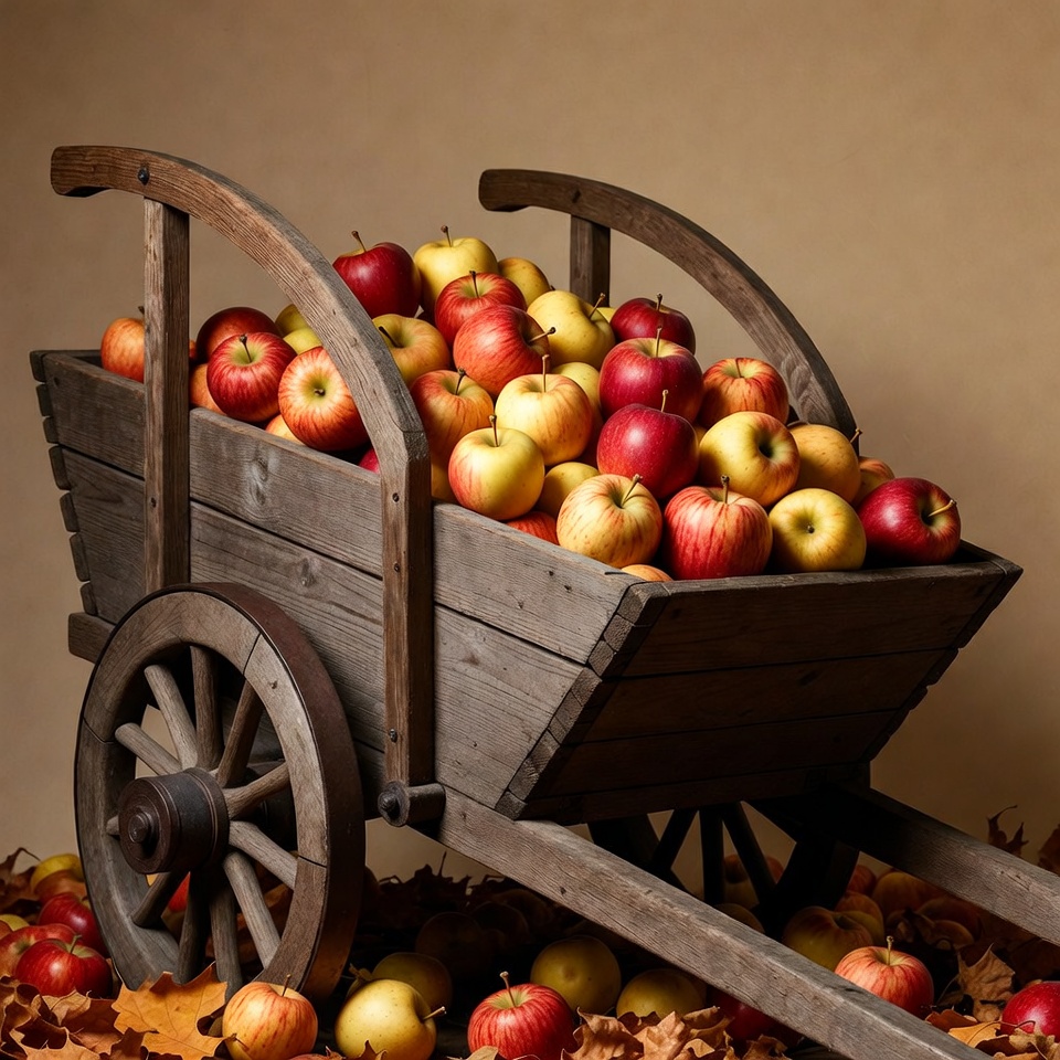 Wooden Wheelbarrow Filled with Apples Wooden Wheelbarrow Filled with Apples