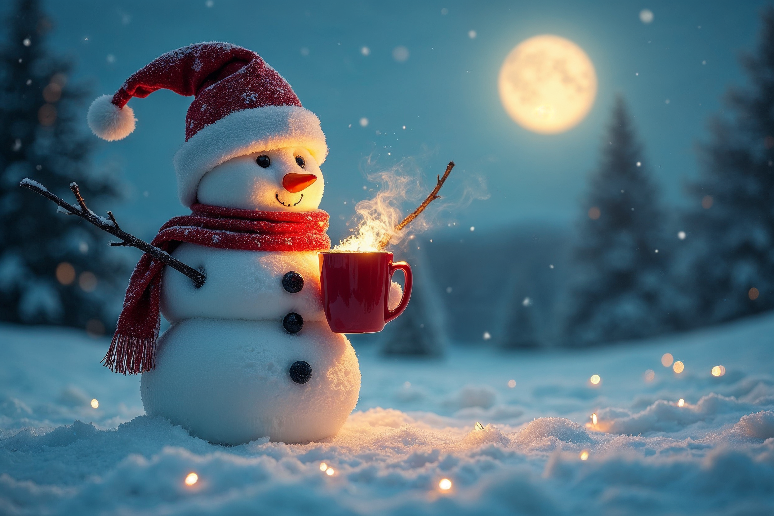 Snowman holding mug by campfire Snowman holding mug by campfire