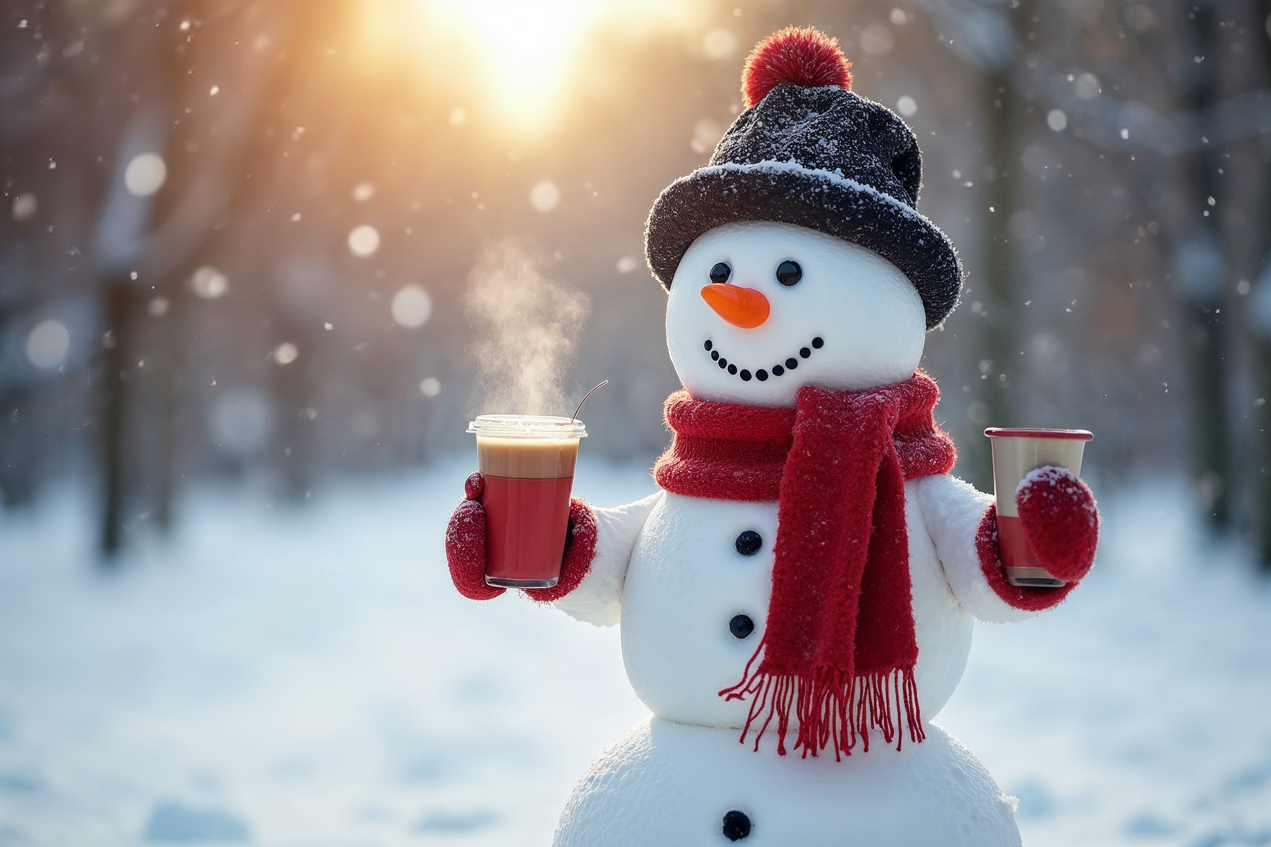 Snowman holding steaming coffee cups Snowman holding steaming coffee cups