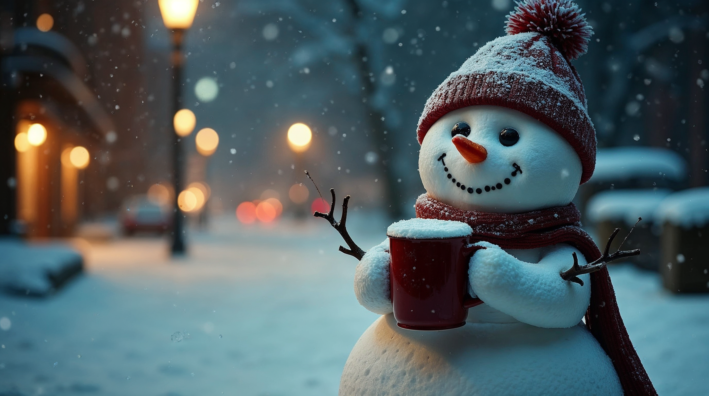 Snowman holding red mug in snowy street Snowman holding red mug in snowy street