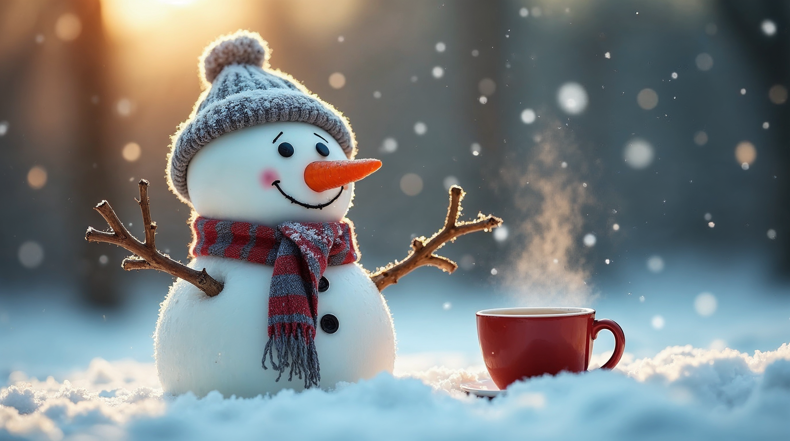 Snowman holding steaming mug Snowman holding steaming mug