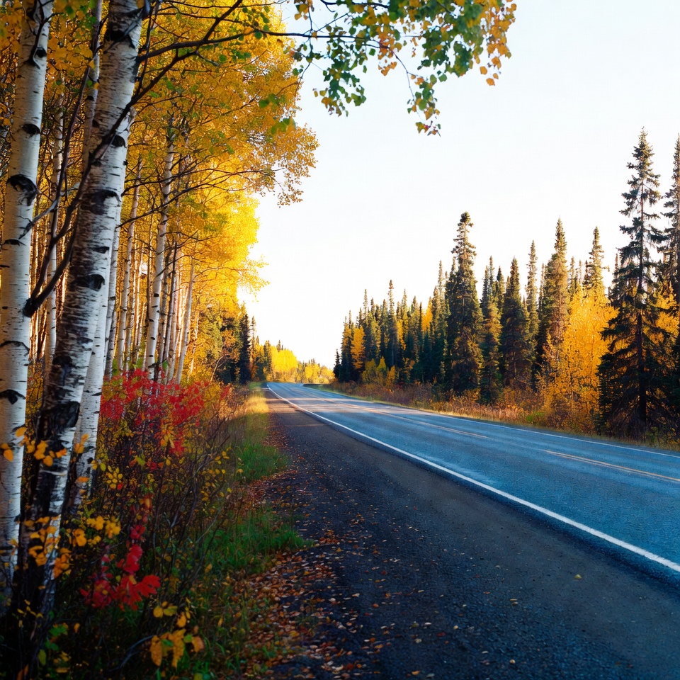 Autumn road through birch forest Autumn road through birch forest