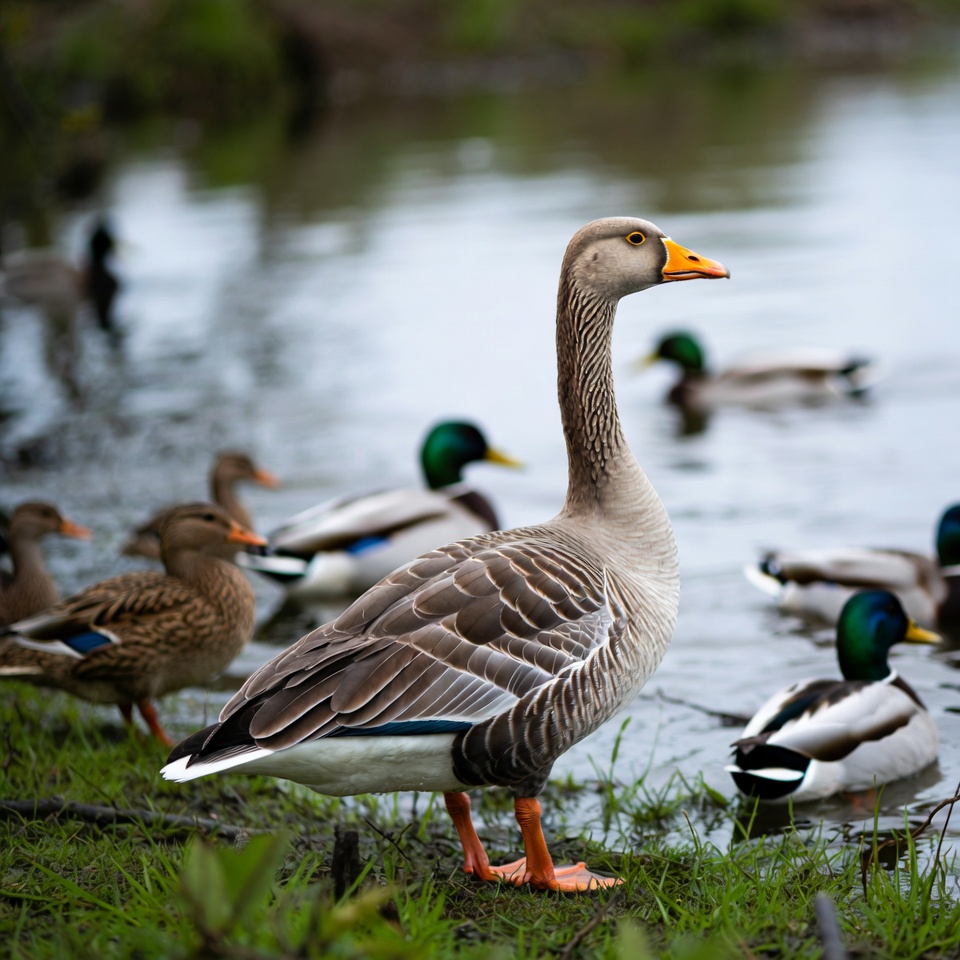 Greylag Goose with Ducks in Water Greylag Goose with Ducks in Water