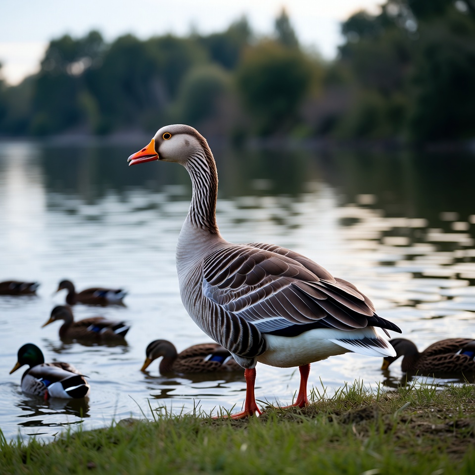 Greylag Goose by River with Ducks Greylag Goose by River with Ducks
