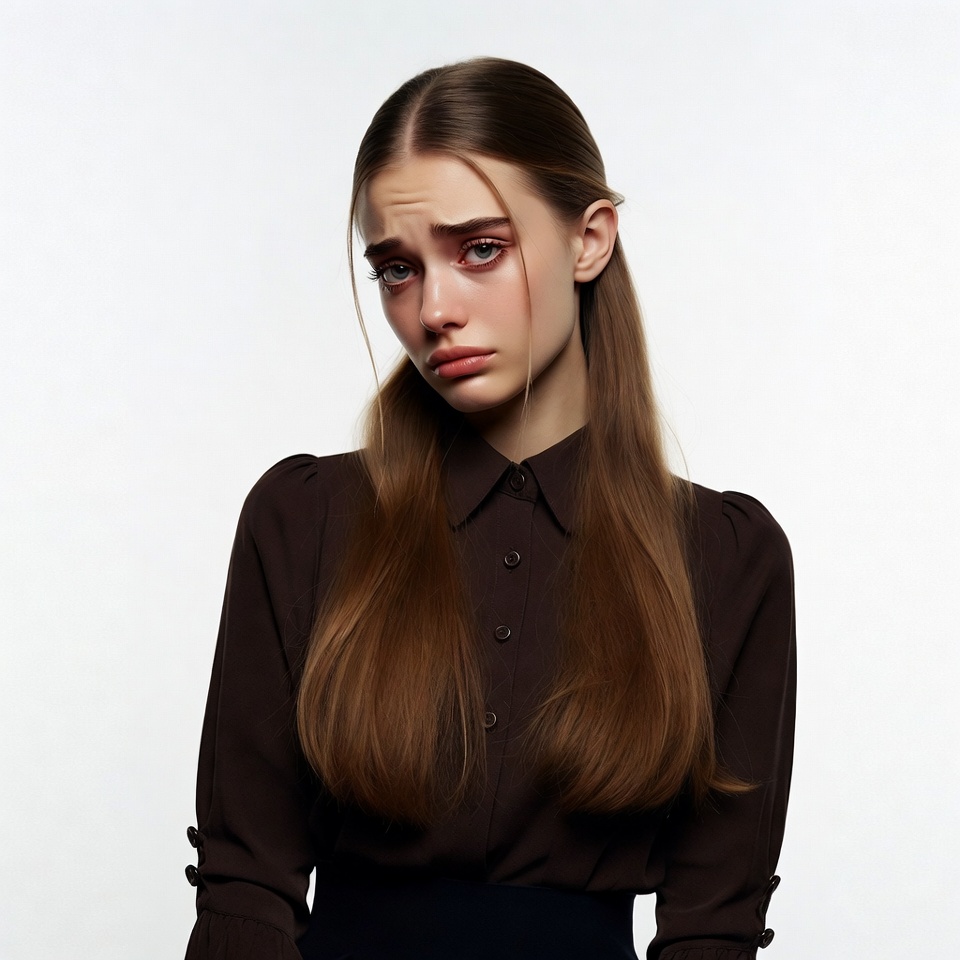 Sad young woman in brown shirt Sad young woman in brown shirt