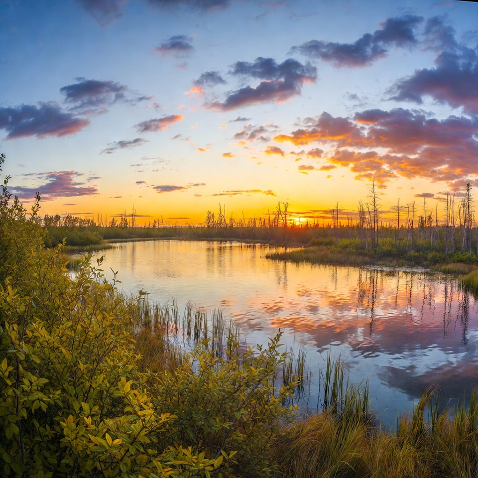 Sunset over swamp lake with reflections Sunset over swamp lake with reflections