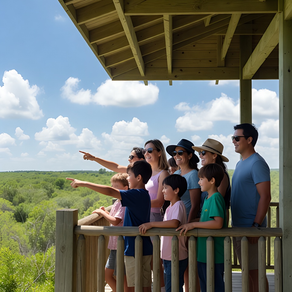 Family pointing at scenic view from wooden deck Family pointing at scenic view from wooden deck