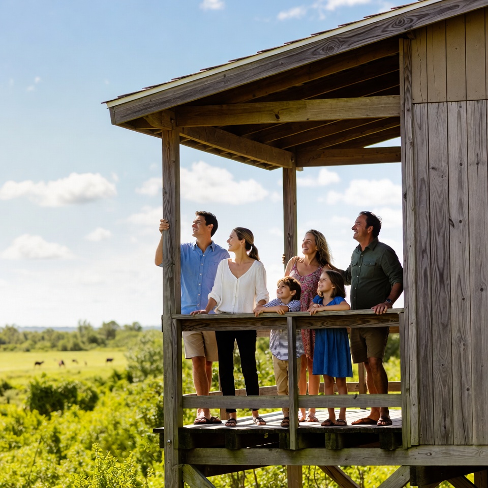 Family standing on wooden deck overlooking fields Family standing on wooden deck overlooking fields