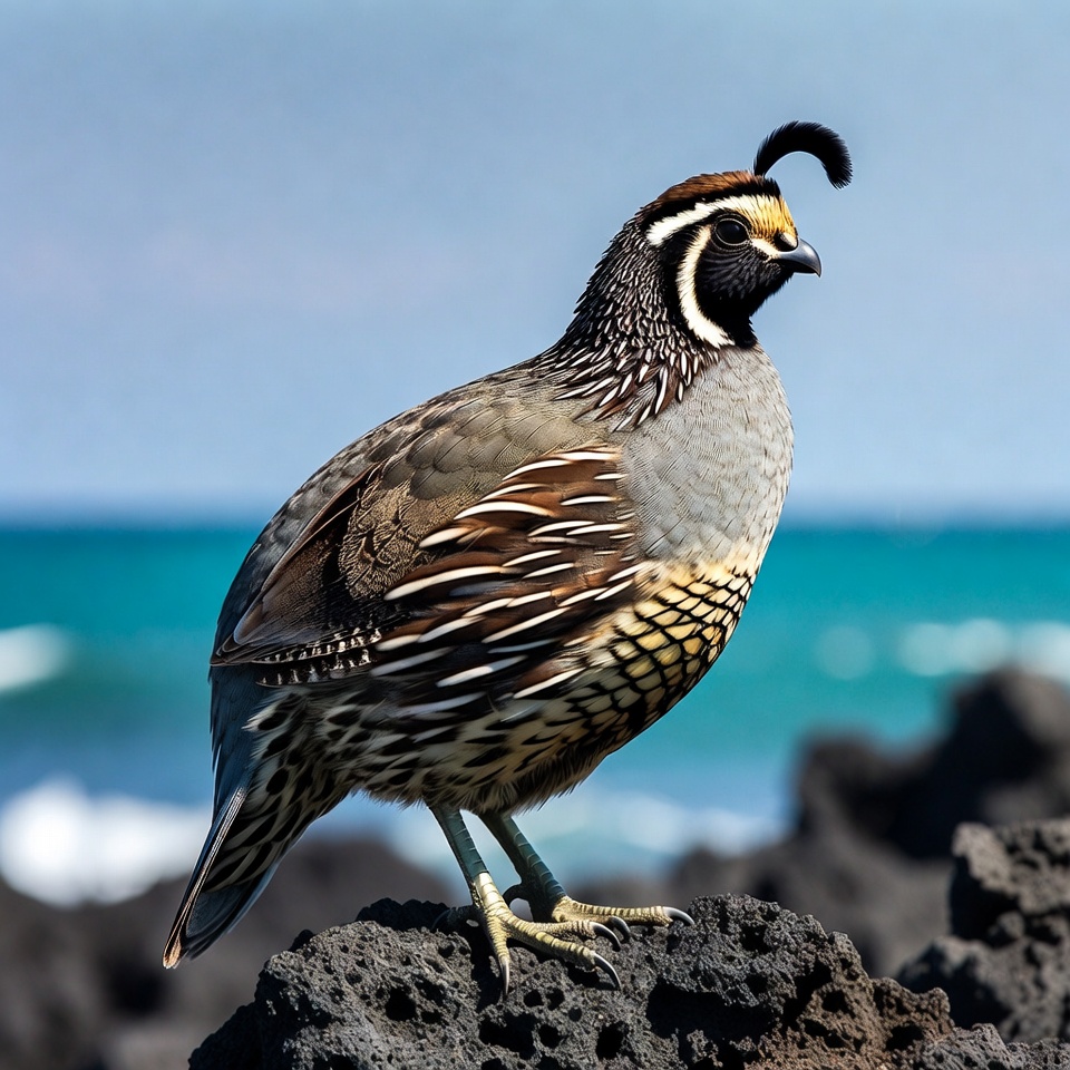 California Quail on rocky beach California Quail on rocky beach