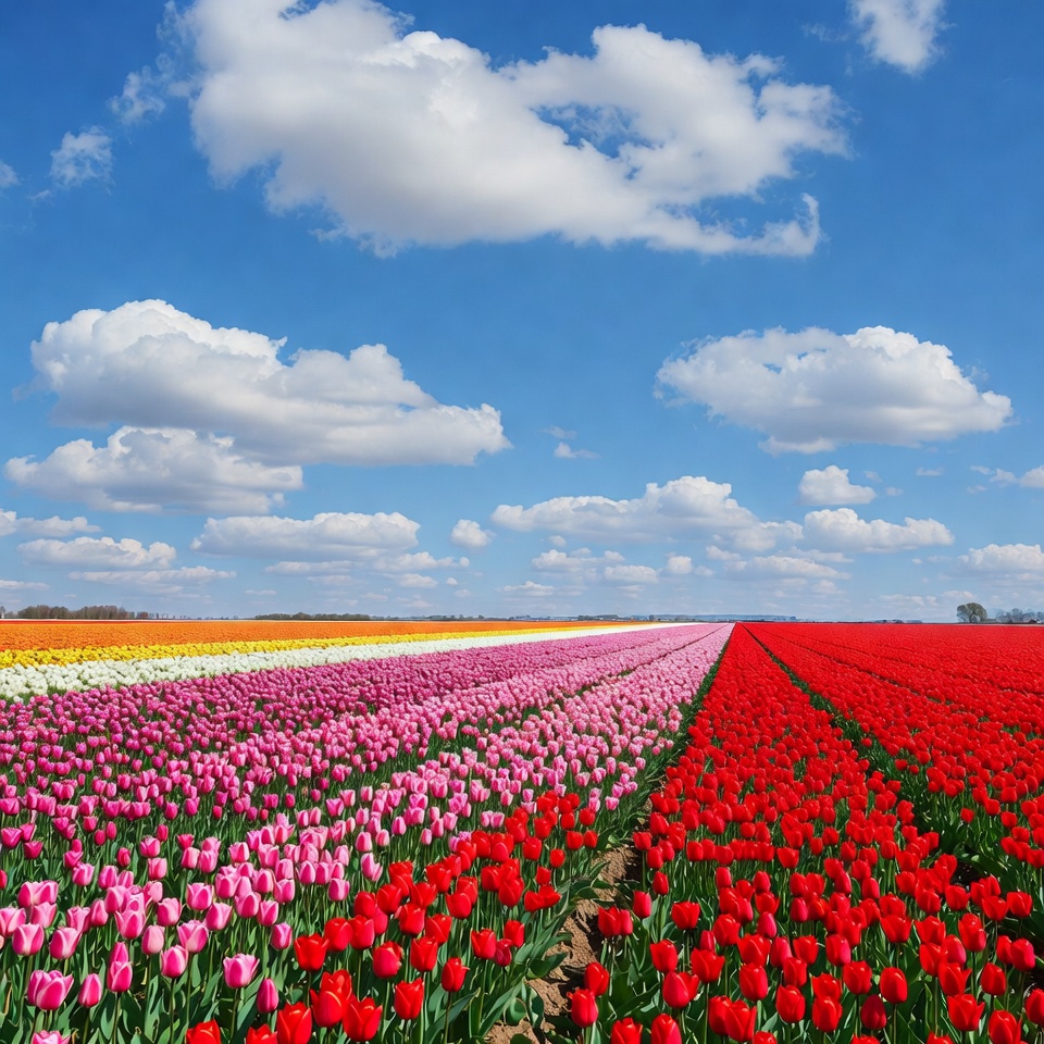 Colorful Tulip Fields Under Blue Sky Colorful Tulip Fields Under Blue Sky