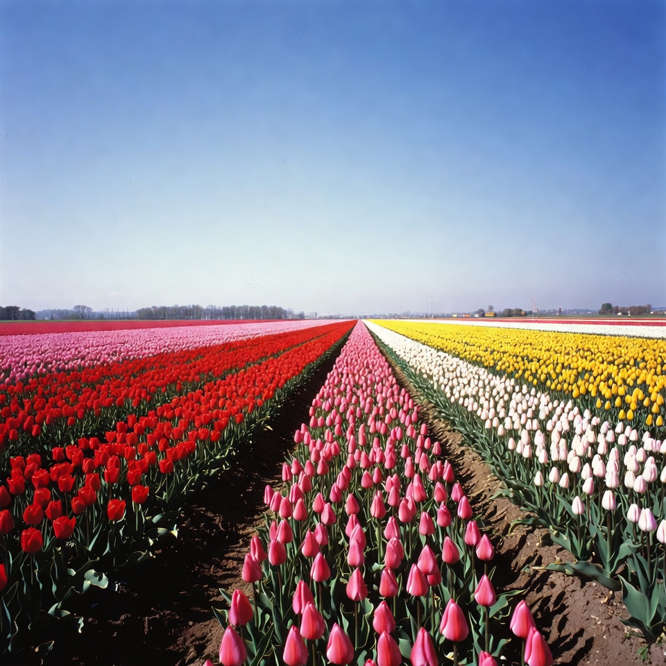 Colorful Tulip Fields Under Blue Sky Colorful Tulip Fields Under Blue Sky