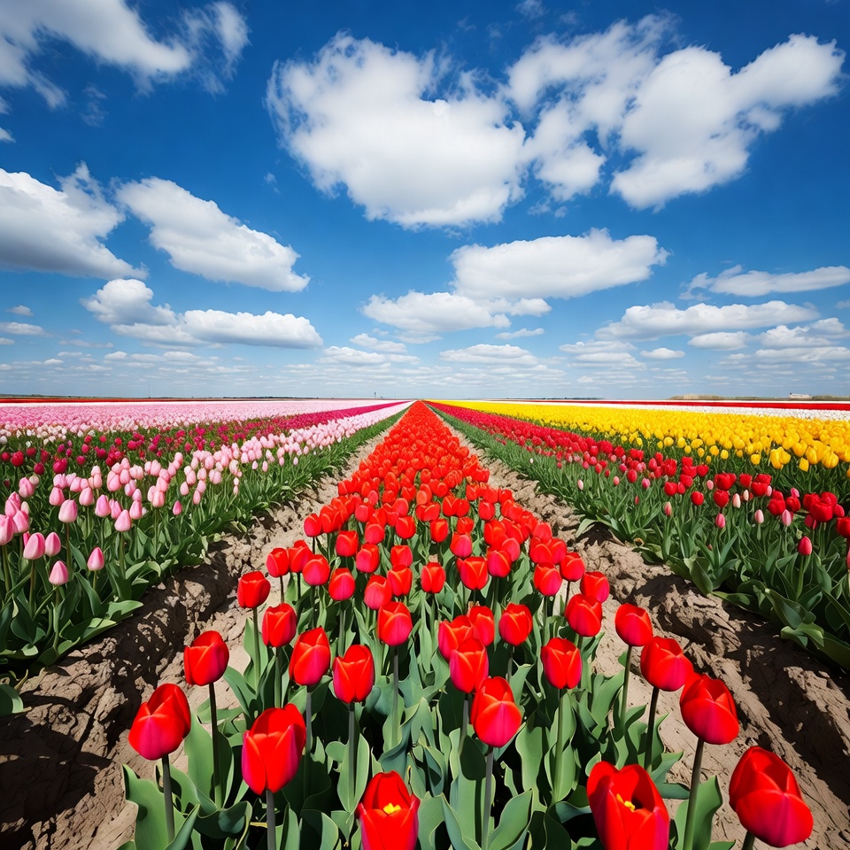 Colorful Tulip Fields Under Blue Sky Colorful Tulip Fields Under Blue Sky