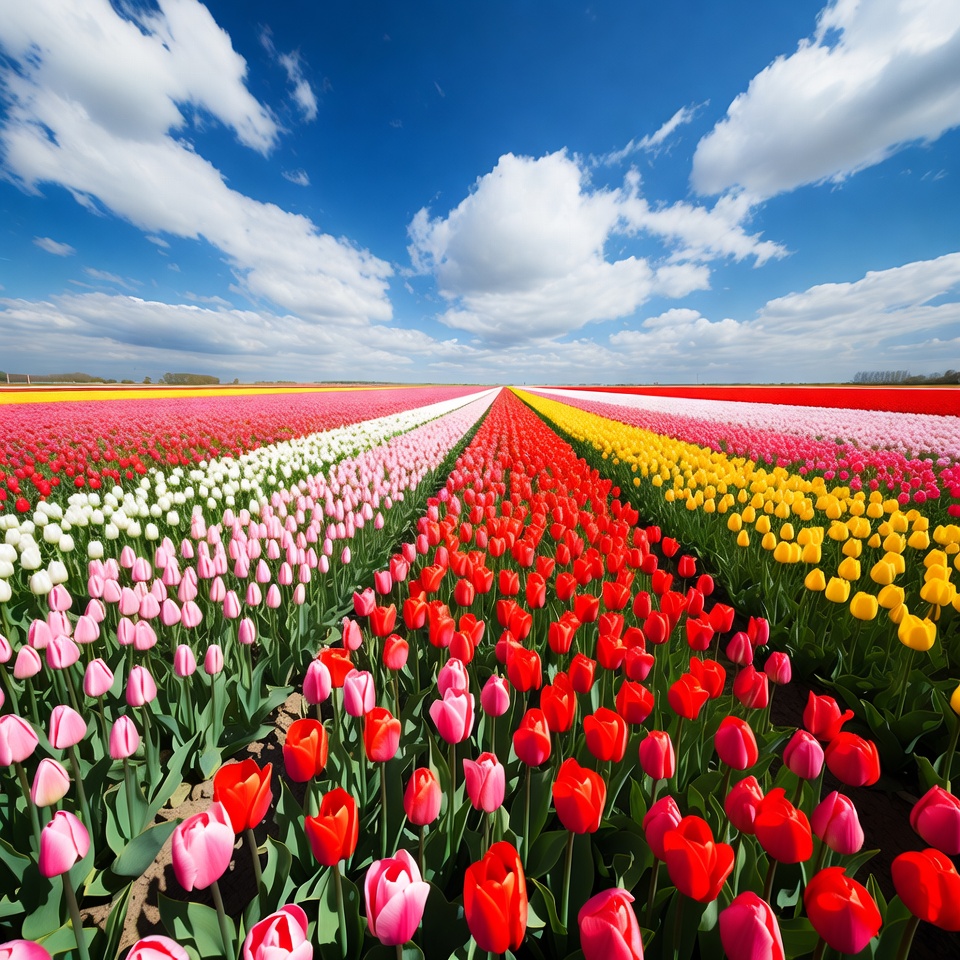 Colorful Tulip Fields Under Blue Sky Colorful Tulip Fields Under Blue Sky